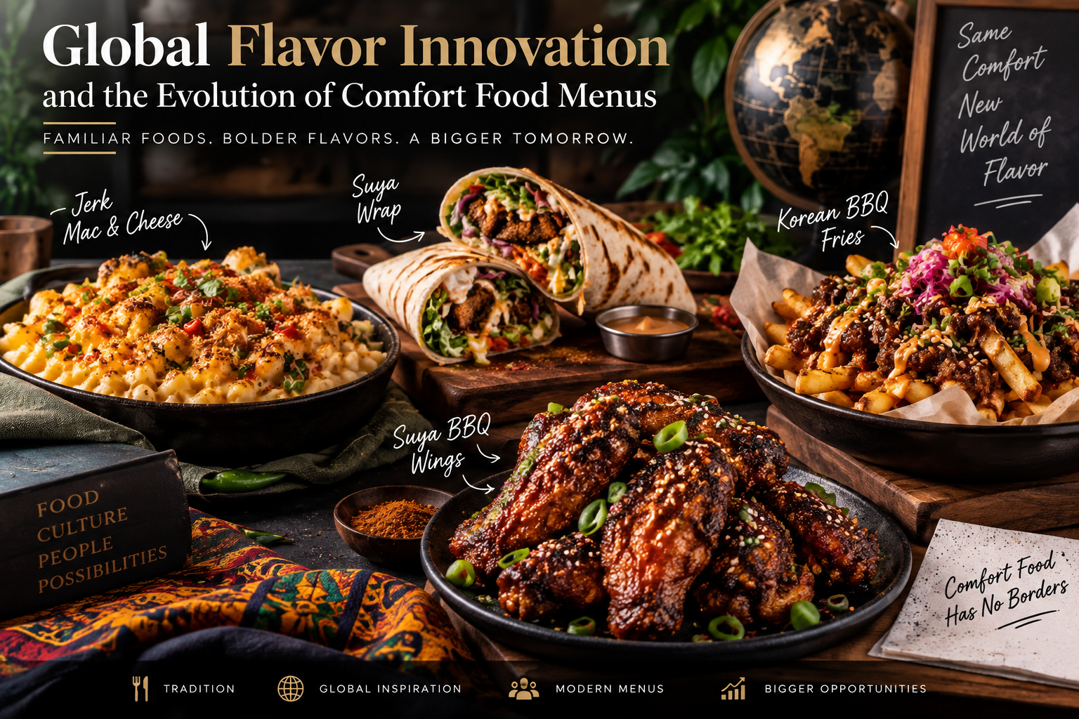 Global flavor innovation featuring jerk mac and cheese, suya wrap, Korean BBQ fries, and suya BBQ wings